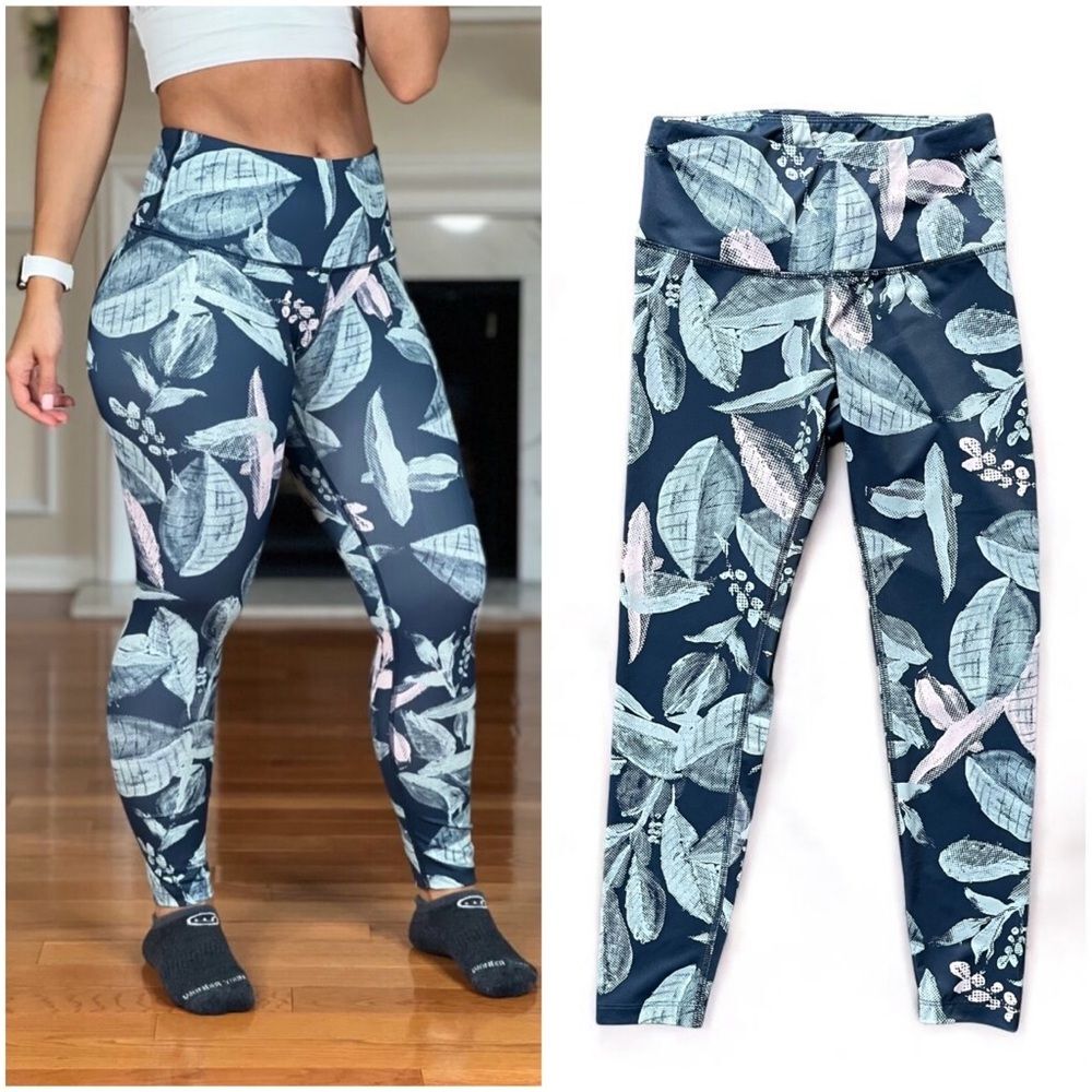 Apana Blue Tropical Floral Leaf Print Athletic Leggings - XS